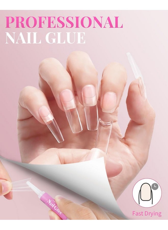 Clear Acrylic Nail Tips, MORGLES 500PCS French Clear Fake Half Cover Clear Nail Tips with Glue Nail File Nail Clipper Cuticle Fork for Nail Art