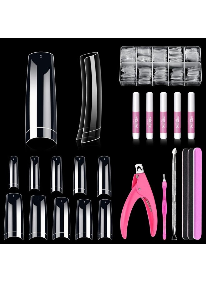 Clear Acrylic Nail Tips, MORGLES 500PCS French Clear Fake Half Cover Clear Nail Tips with Glue Nail File Nail Clipper Cuticle Fork for Nail Art