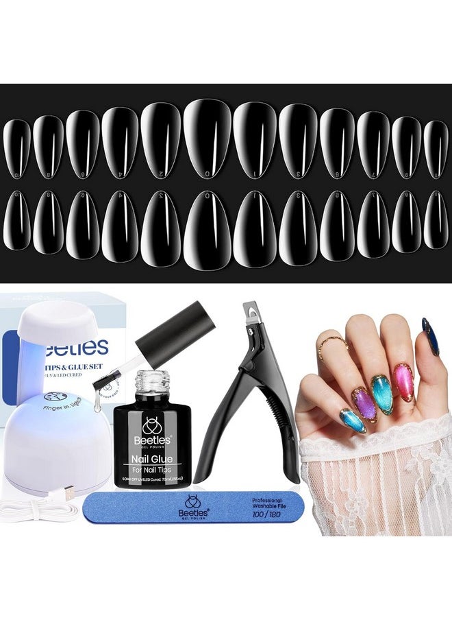Beetles Gel Nail Kit Short Almond, 240Pcs Easy Nail Extension Set Shaped Clear Tips with 5 in 1 Nail Glue Base & Top Coat and Mini UV Lamp, Nail Tips Art Acrylic Nail Kit Valentine's Gifts for Women