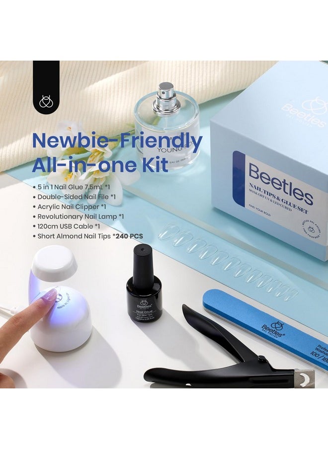 Beetles Gel Nail Kit Short Almond, 240Pcs Easy Nail Extension Set Shaped Clear Tips with 5 in 1 Nail Glue Base & Top Coat and Mini UV Lamp, Nail Tips Art Acrylic Nail Kit Valentine's Gifts for Women