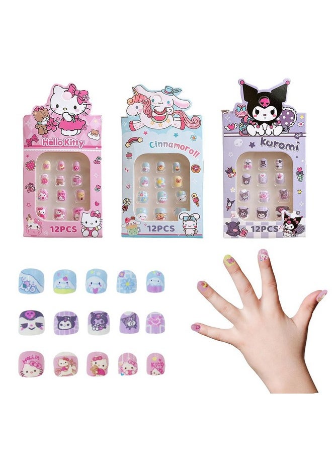 MAYCREATE® 36Pcs Kawaii Girls Press On Nail Set Cute Sanrio Kuromi Kids Press On Nails Cinnamoroll Press-On Nails DIY Nail Art Pre-glue Girls Kawaii Press On Nails