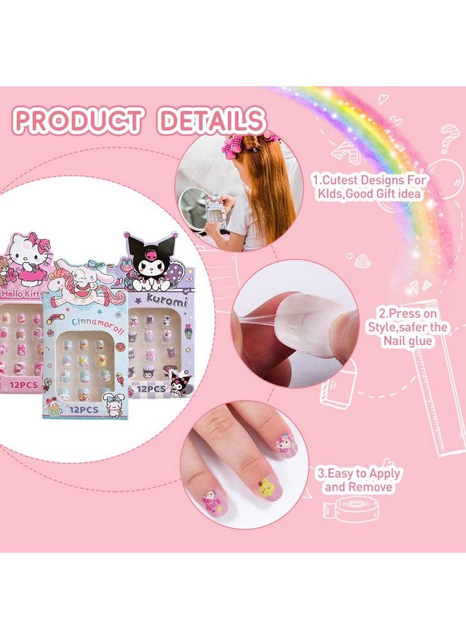 MAYCREATE® 36Pcs Kawaii Girls Press On Nail Set Cute Sanrio Kuromi Kids Press On Nails Cinnamoroll Press-On Nails DIY Nail Art Pre-glue Girls Kawaii Press On Nails