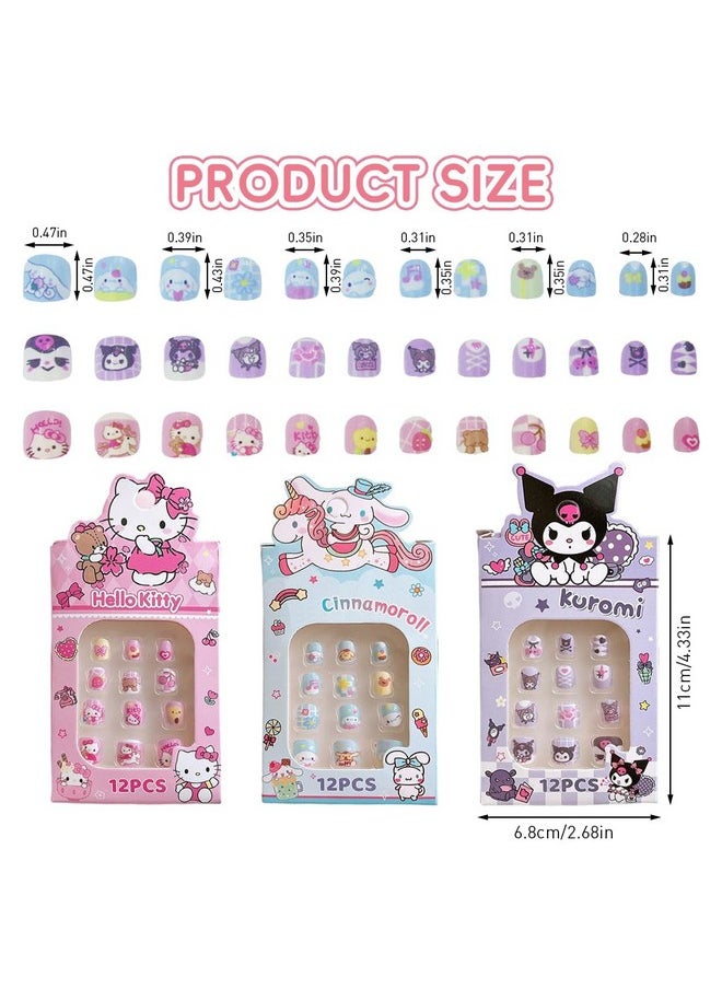 MAYCREATE® 36Pcs Kawaii Girls Press On Nail Set Cute Sanrio Kuromi Kids Press On Nails Cinnamoroll Press-On Nails DIY Nail Art Pre-glue Girls Kawaii Press On Nails