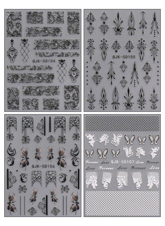 JMEOWIO 3D Embossed Black White Flower Nail Art Stickers Decals Self-Adhesive Pegatinas Uñas 5D Leaves Lace Nail Supplies Nail Art Design Decoration Accessories 4 Sheets