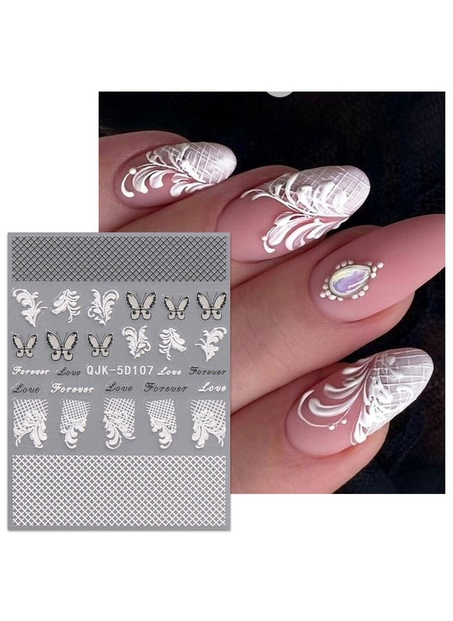 JMEOWIO 3D Embossed Black White Flower Nail Art Stickers Decals Self-Adhesive Pegatinas Uñas 5D Leaves Lace Nail Supplies Nail Art Design Decoration Accessories 4 Sheets