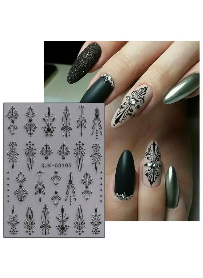 JMEOWIO 3D Embossed Black White Flower Nail Art Stickers Decals Self-Adhesive Pegatinas Uñas 5D Leaves Lace Nail Supplies Nail Art Design Decoration Accessories 4 Sheets