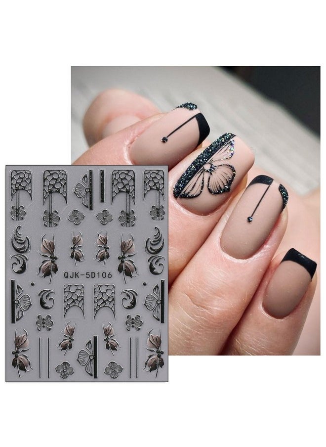 JMEOWIO 3D Embossed Black White Flower Nail Art Stickers Decals Self-Adhesive Pegatinas Uñas 5D Leaves Lace Nail Supplies Nail Art Design Decoration Accessories 4 Sheets