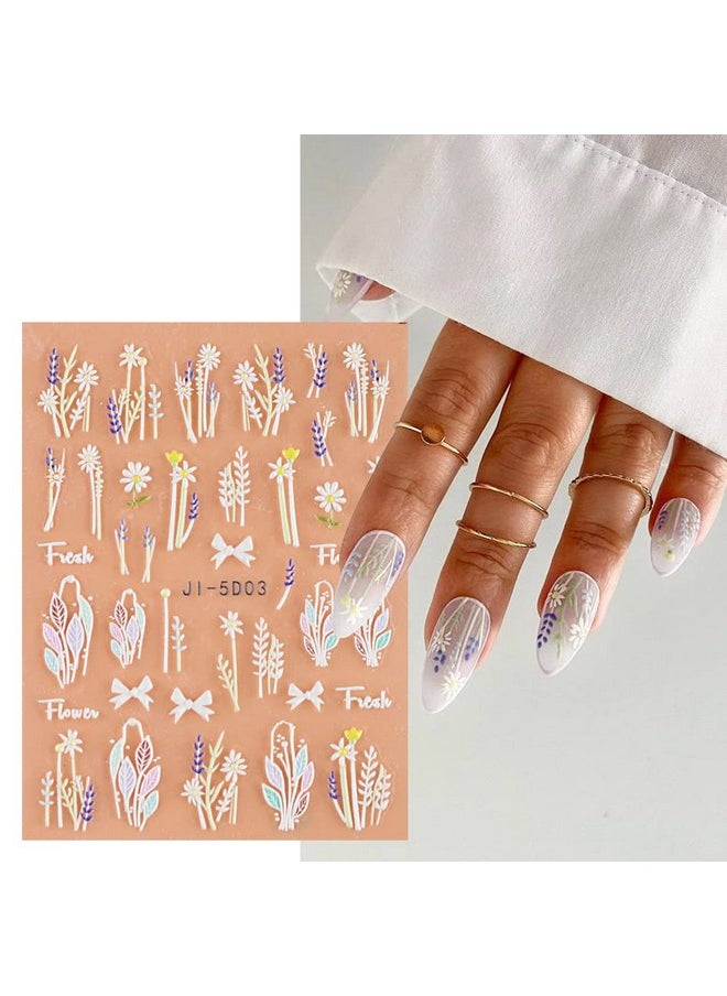3D Embossed Flower Leaves Nail Art Stickers Decals 4 Sheets 5D Self-Adhesive Pegatinas Uñas Summer Nail Supplies Nail Art Design Decoration Accessories