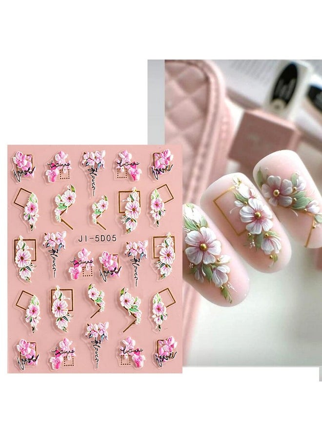 3D Embossed Flower Leaves Nail Art Stickers Decals 4 Sheets 5D Self-Adhesive Pegatinas Uñas Summer Nail Supplies Nail Art Design Decoration Accessories