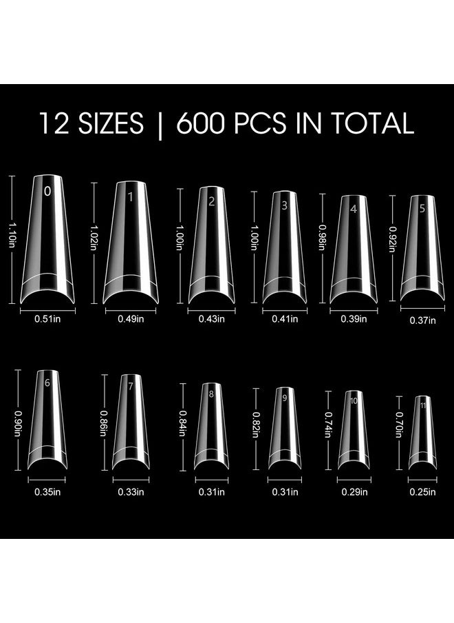600PCS Half Cover Coffin Nail Tips - Acrylic Nail Tips, krofaue 12 Size Clear Nail Tips, Half Cover Acrylic False Nail Tips With Box for Nail Tips Art Salons and Home DIY (Clear)