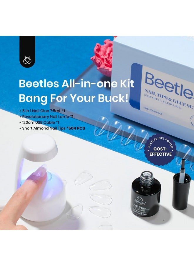 Beetles Gel Nail Kit Almond-500Pcs Gel Nail Kit Easy Nail Extension Set Short Almond Shape 5 In 1 Nail Glue Gel Extension Nail Kit Uv Led Lamp Acrylic False Nail Tips Kit DIY Nails Art Gifts for Women