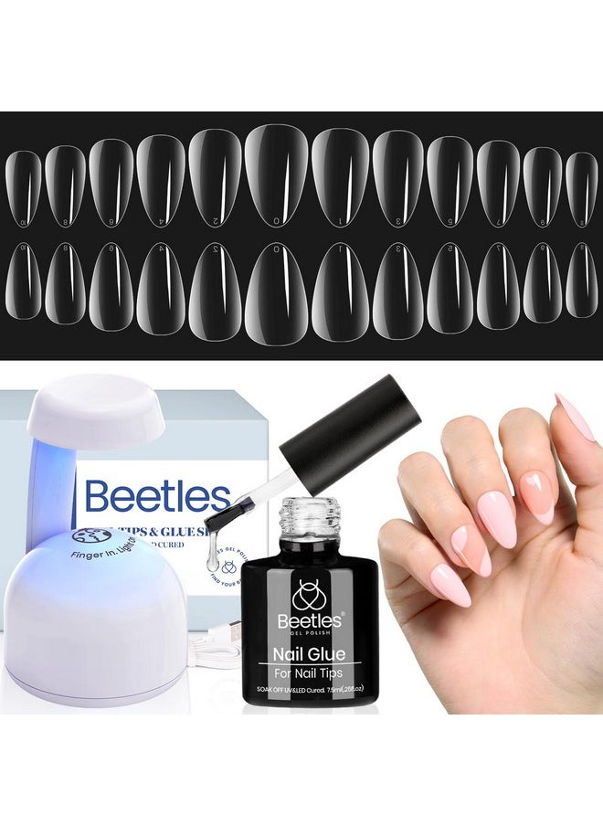 Beetles Gel Nail Kit Almond-500Pcs Gel Nail Kit Easy Nail Extension Set Short Almond Shape 5 In 1 Nail Glue Gel Extension Nail Kit Uv Led Lamp Acrylic False Nail Tips Kit DIY Nails Art Gifts for Women