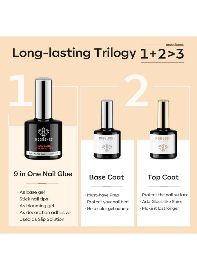 modelones 9 in One Nail Glue with Gel Top and Base Coat Gel Nail Kit, No Wipe Base Coat Long Lasting Glossy Top Coat 3Pcs Gel Nail Glue for Nail Tips, Blooming Gel, Rhinestone Glue