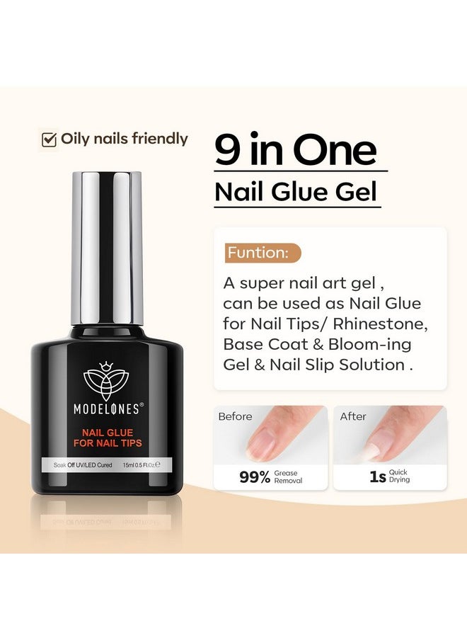 modelones 9 in One Nail Glue with Gel Top and Base Coat Gel Nail Kit, No Wipe Base Coat Long Lasting Glossy Top Coat 3Pcs Gel Nail Glue for Nail Tips, Blooming Gel, Rhinestone Glue