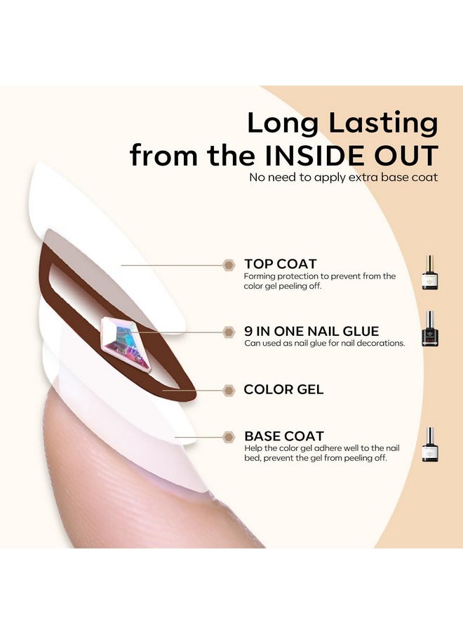 modelones 9 in One Nail Glue with Gel Top and Base Coat Gel Nail Kit, No Wipe Base Coat Long Lasting Glossy Top Coat 3Pcs Gel Nail Glue for Nail Tips, Blooming Gel, Rhinestone Glue