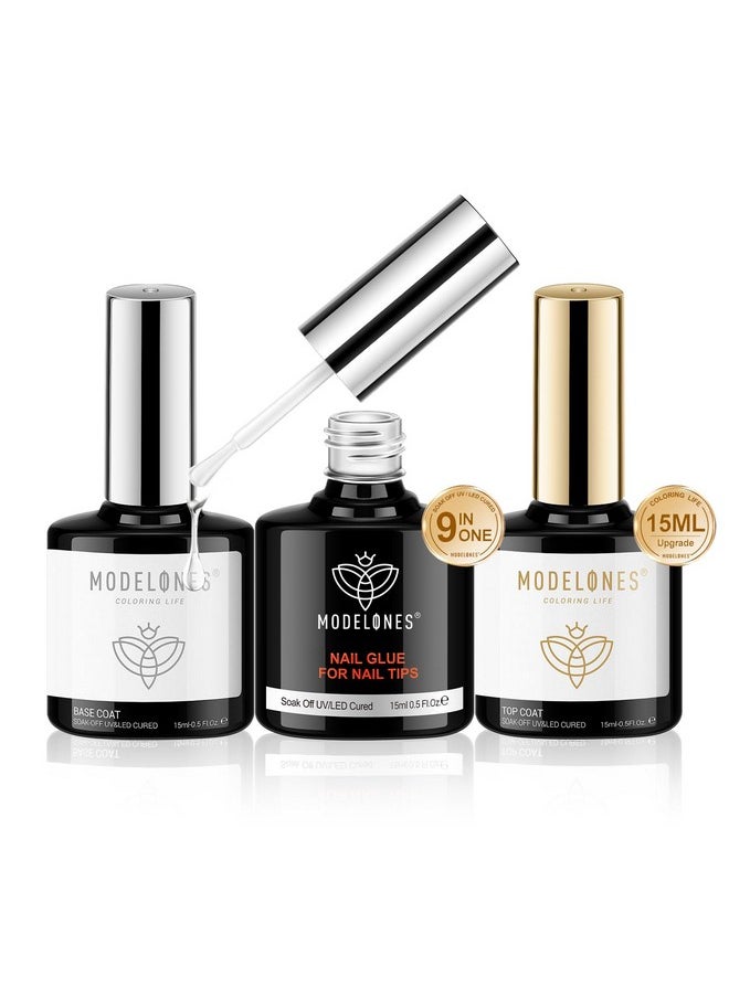modelones 9 in One Nail Glue with Gel Top and Base Coat Gel Nail Kit, No Wipe Base Coat Long Lasting Glossy Top Coat 3Pcs Gel Nail Glue for Nail Tips, Blooming Gel, Rhinestone Glue