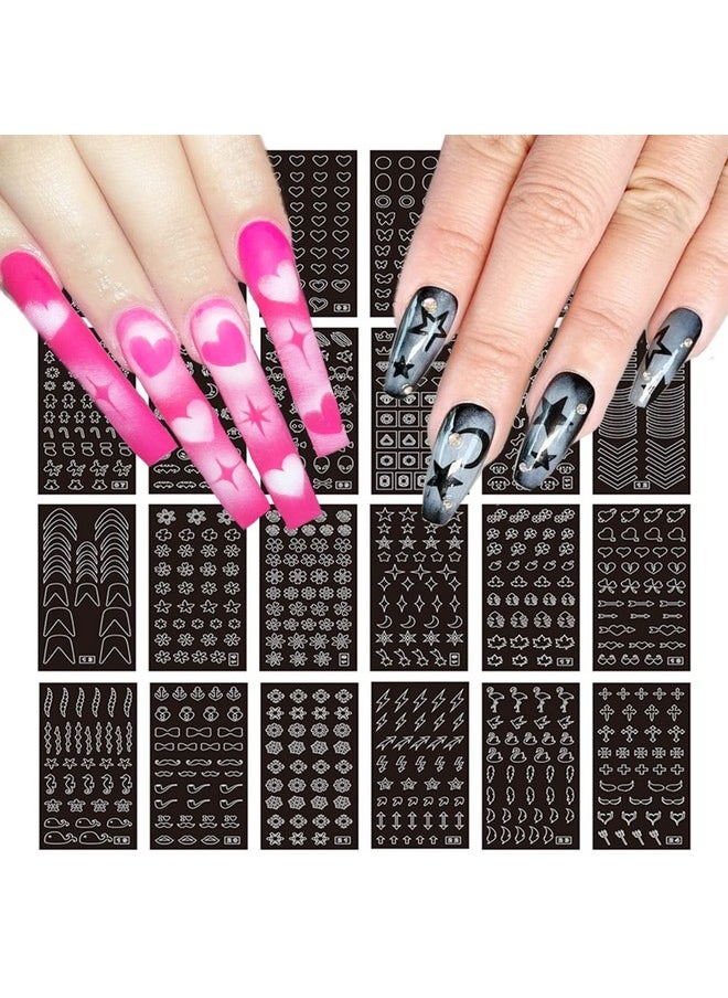 24 Sheets Airbrush Stencils Nail Stickers for Nail Art, French Nail Decals Printing Template Stencil Tool Moon Stars Heart Butterfly French Design Hollow (154 Designs)