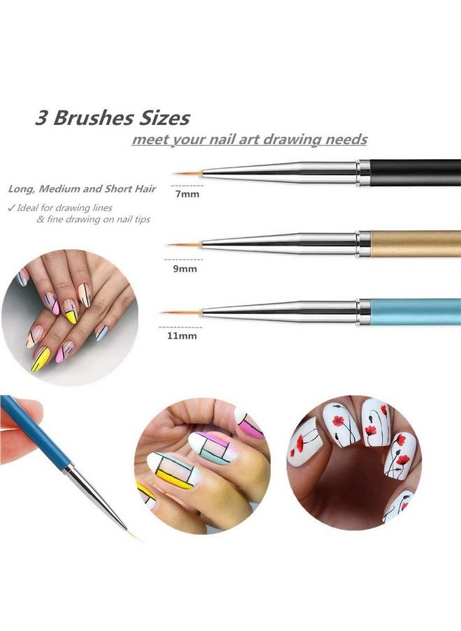 3PCS Nail Art Liner Brushes, UV Gel Painting Acrylic Nail Design Nylon Brush, Nail Painting Drawing Pens (7/9/11mm)