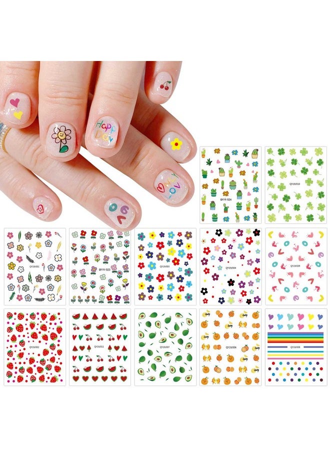 JMEOWIO 14 Sheets Cute Nail Stickers for Kids Nail Art Stickers Decals Self-Adhesive Pegatinas Uñas Rainbow Flower Fruit Nail Supplies Nail Art Design Decoration Accessories