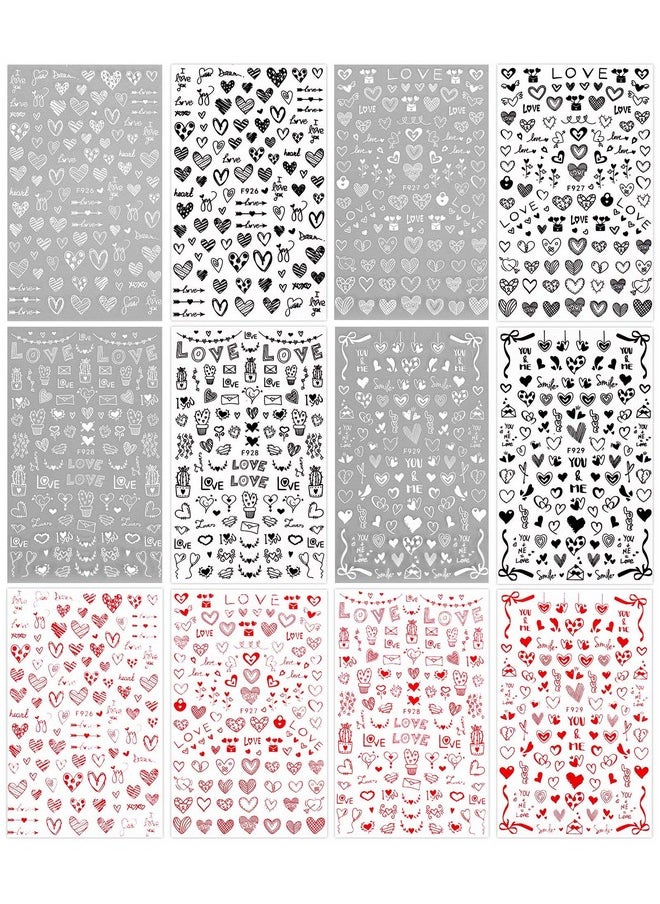 JMEOWIO 12 Sheets Valentines Day Nail Art Stickers Decals Self-Adhesive Pegatinas Uñas Love Heart Nail Supplies Nail Art Design Decoration Accessories