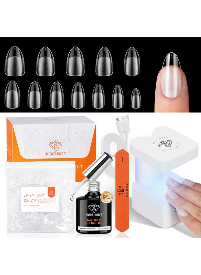 modelones Gel X Nail Kit, Short Almond Gel x Nail Tips, 9-in-One Nail Glue with Portable U V Nail Lamp, 216Pcs 12Sizes Press On Acrylic False Nails Tip Nail Extension DIY Nails Art Gift for Women