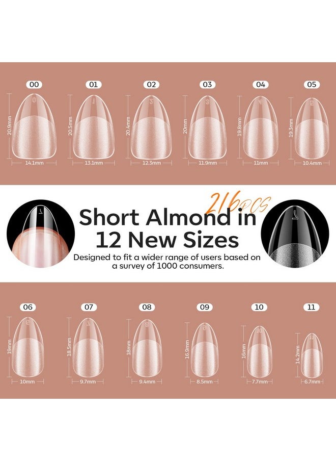 modelones Gel X Nail Kit, Short Almond Gel x Nail Tips, 9-in-One Nail Glue with Portable U V Nail Lamp, 216Pcs 12Sizes Press On Acrylic False Nails Tip Nail Extension DIY Nails Art Gift for Women