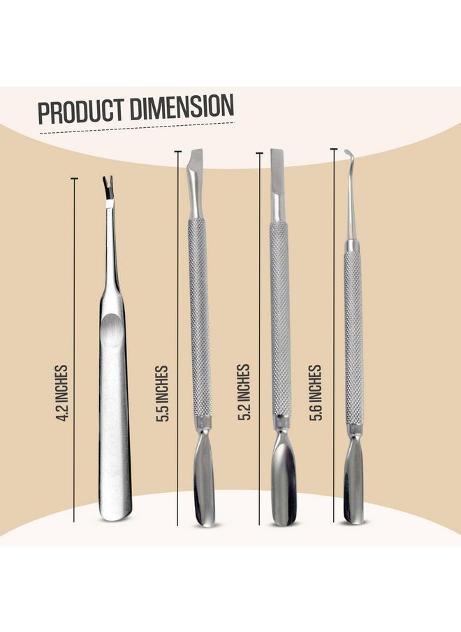 Cuticle Pusher Dual Sided - Sharp Edge Spoon Shaped Double Ended Ingrown Toenail Lifter Remover Trimmer Surgical Medical Grade Stainless Steel Manicure Pedicure Nail Art Care Tools (4 Pc Set) By Krisp
