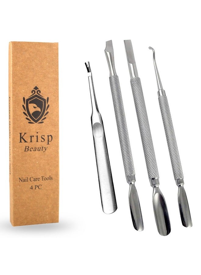 Cuticle Pusher Dual Sided - Sharp Edge Spoon Shaped Double Ended Ingrown Toenail Lifter Remover Trimmer Surgical Medical Grade Stainless Steel Manicure Pedicure Nail Art Care Tools (4 Pc Set) By Krisp