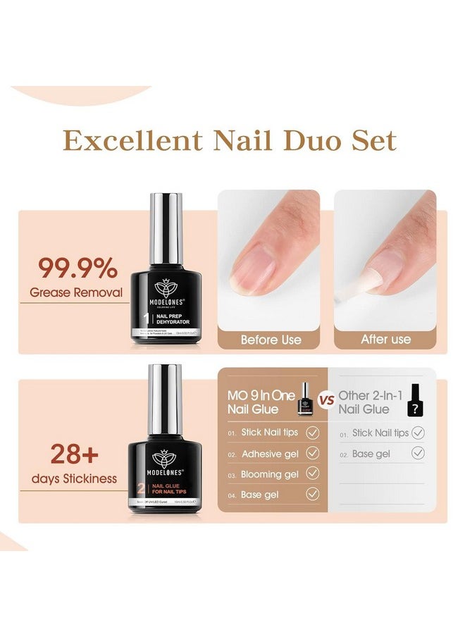 Modelones 9 in One Nail Glue Gel Nail Prep Dehydrate Gel Nail Kit Nail Extension Set for False Nail Tips/Acrylic Nails/Base Gel/Bloom Gel/Adhesive Bond, Long Lasting Curing Needed