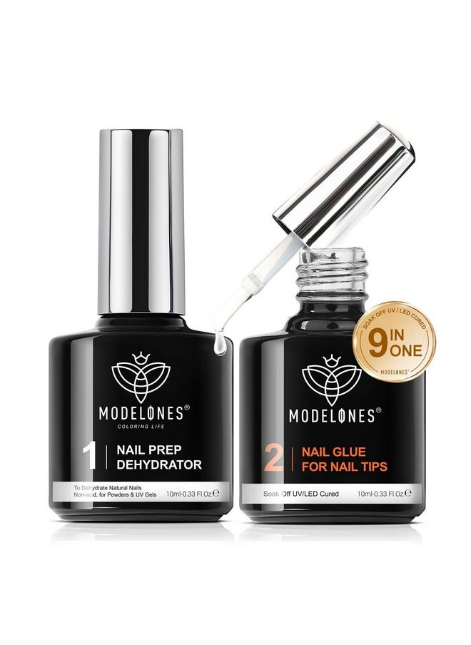 Modelones 9 in One Nail Glue Gel Nail Prep Dehydrate Gel Nail Kit Nail Extension Set for False Nail Tips/Acrylic Nails/Base Gel/Bloom Gel/Adhesive Bond, Long Lasting Curing Needed