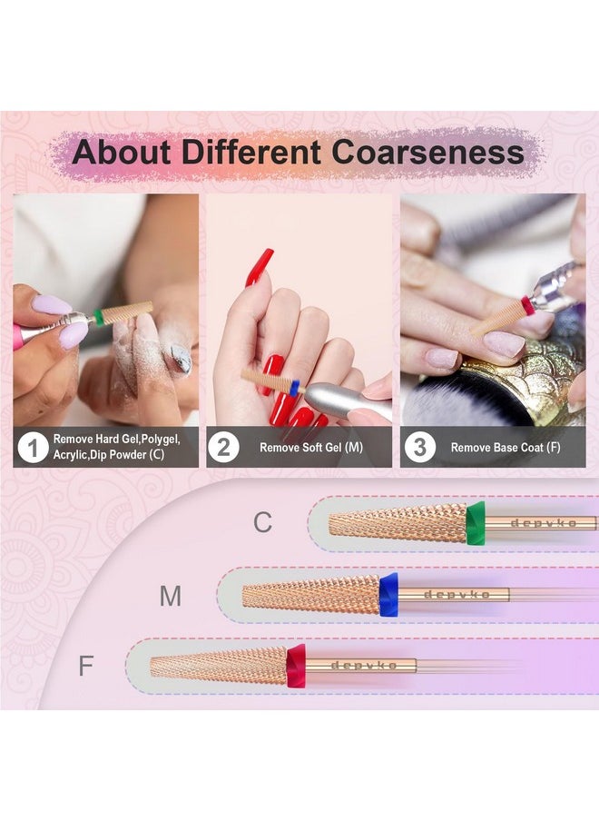 Depvko Super Long 5 in 1 Nail Drill Bits, 3/32'' Carbide Tungsten Bits, Two Way Rotate Professional Advanced Safety Bits for Nail, Fast Remove for Manicure Pedicure Cuticle Gel Polishing(F, Rose Gold)