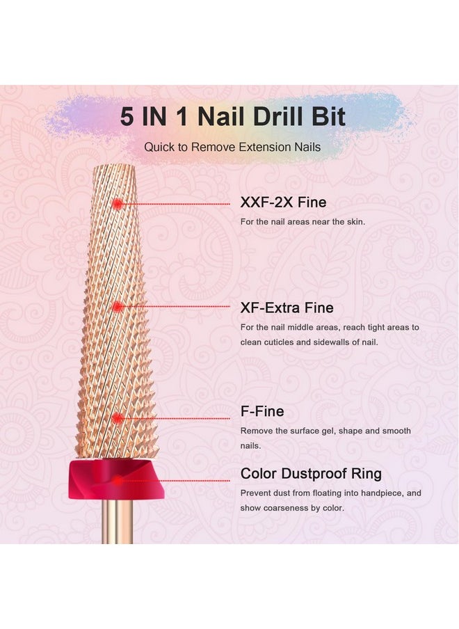 Depvko Super Long 5 in 1 Nail Drill Bits, 3/32'' Carbide Tungsten Bits, Two Way Rotate Professional Advanced Safety Bits for Nail, Fast Remove for Manicure Pedicure Cuticle Gel Polishing(F, Rose Gold)