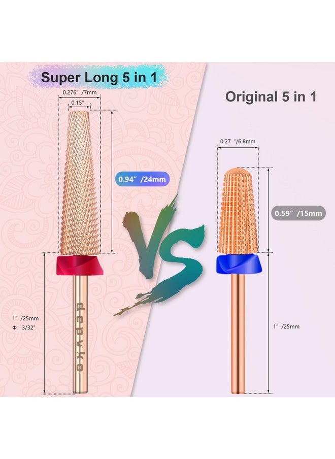 Depvko Super Long 5 in 1 Nail Drill Bits, 3/32'' Carbide Tungsten Bits, Two Way Rotate Professional Advanced Safety Bits for Nail, Fast Remove for Manicure Pedicure Cuticle Gel Polishing(F, Rose Gold)