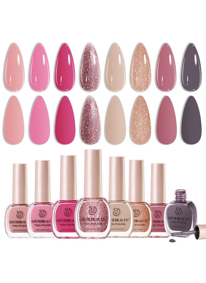 AZUREBEAUTY Vegan Nail Polish Set 8 Colors, Hot Pink Nude Grey Glitter Quick Dry Natural Nail Lacquer Strengthening Treatment Kit DIY Salon