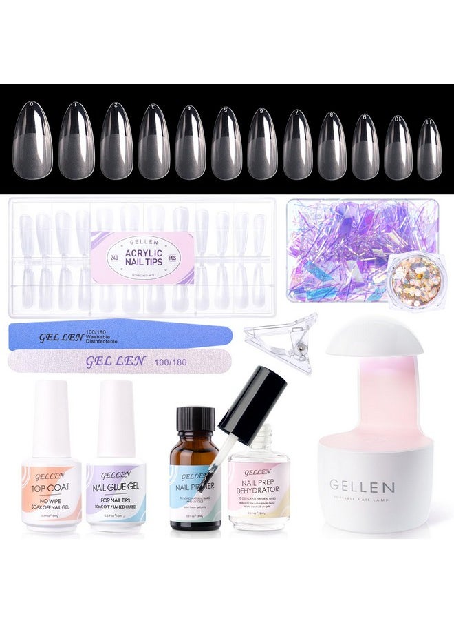 Gellen Gel Tips Nail Extension Kit, Gel x Nail Kit with 240Pcs Almond Nail Tips, 3 in 1 Nail Glue Gel, Nail Prep Dehydrator and Primer, U V LED Nail Lamp, Nail Decorations for DIY Manicure Set