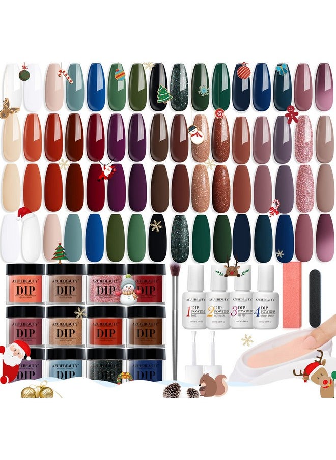 AZUREBEAUTY 42Pcs Dip Powder Nail Kit Starter, 32 Colors Christmas Winter Set Green Nude Brown Blue Dipping Powder Set with Top/Base Coat & Recycling Tray for French Art Manicure Salon