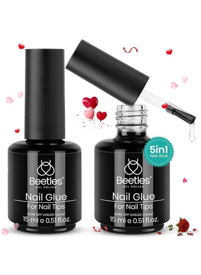 beetles Gel Polish 5 In 1 Nail Glue Kit for Acrylic Nails,2 Pcs 15ml Super Strong Brush in Nail Gel Glue for False Nails Tips and Gel Nail Polish Led Lamp Required Nail Art Valentines Day gifts
