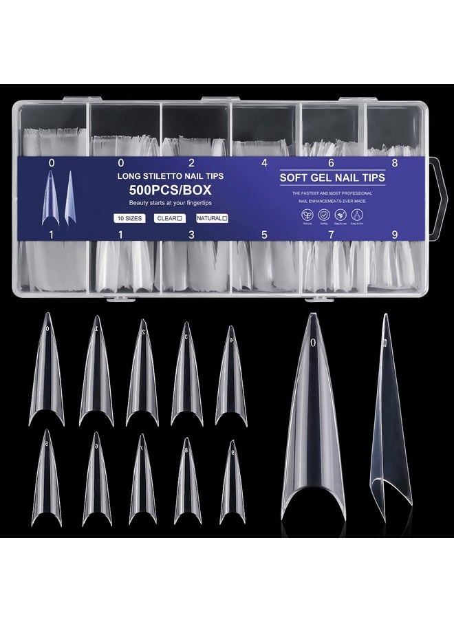krofaue 500PCS Stiletto Nail Tips Extra Long Nails Clear Nail Tips 10 Sizes Half Cover Nail Tips XL Stiletto Shape Nail Tips Artificial Acrylic Nails Pointed Press On Nails with Box for Nail Salon DIY