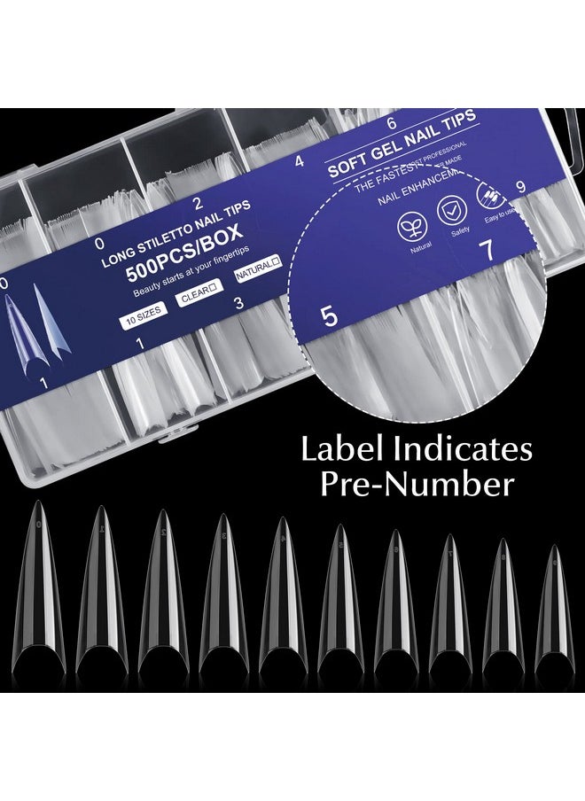 krofaue 500PCS Stiletto Nail Tips Extra Long Nails Clear Nail Tips 10 Sizes Half Cover Nail Tips XL Stiletto Shape Nail Tips Artificial Acrylic Nails Pointed Press On Nails with Box for Nail Salon DIY