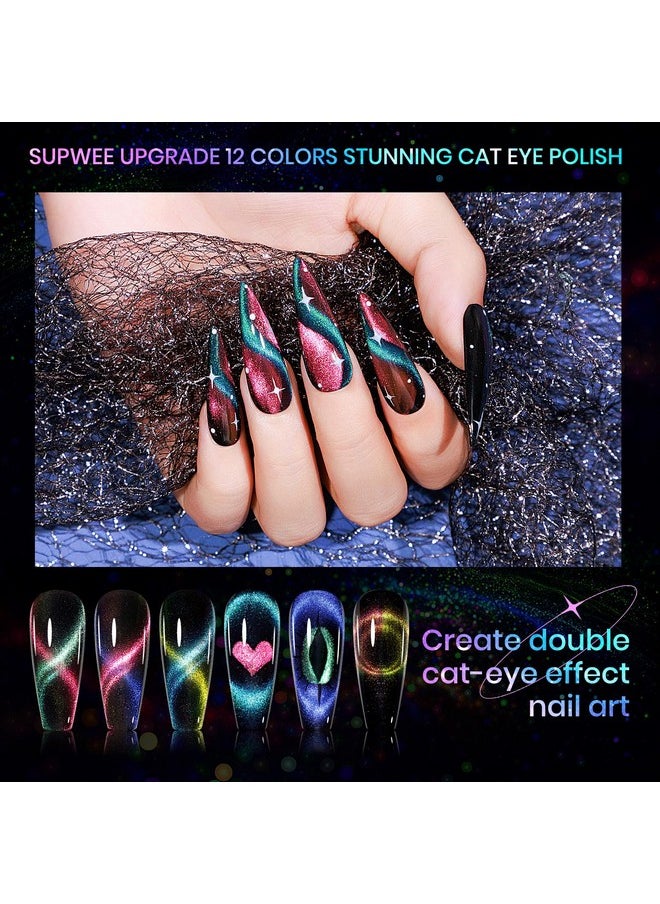 SUPWEE Cat Eye Gel Nail Polish Set - 12 Colors 9D Magnetic Nail Polish Gel Galaxy Cateye Nail Gel Polish with 1 Black Gel and Magnetic Lamp Cure Required Home Manicure DIY Nail Art