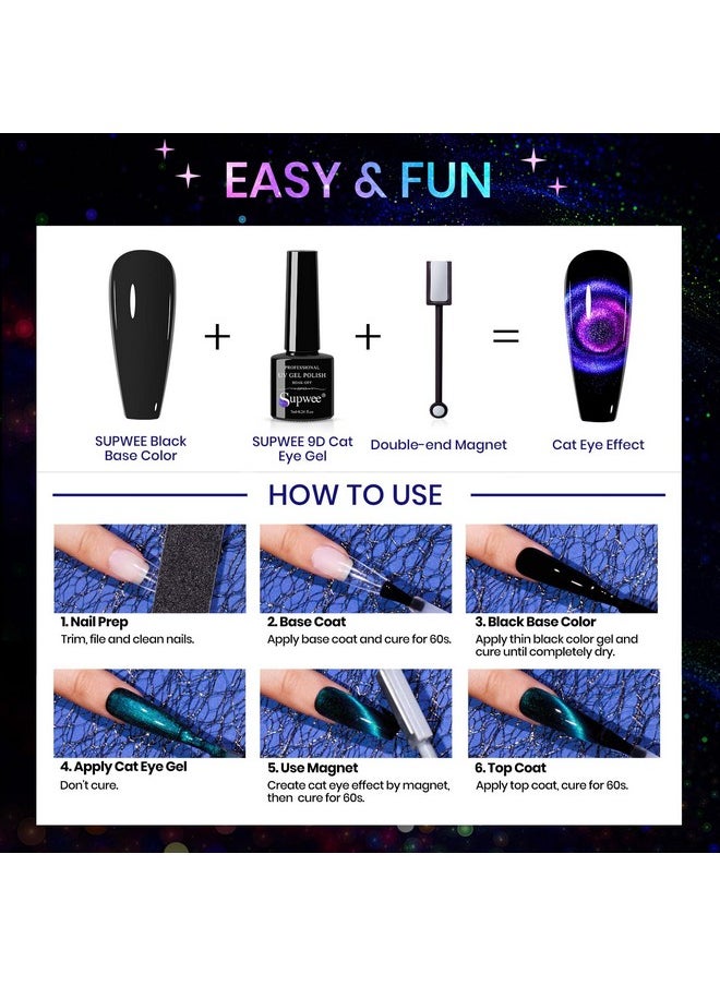 SUPWEE Cat Eye Gel Nail Polish Set - 12 Colors 9D Magnetic Nail Polish Gel Galaxy Cateye Nail Gel Polish with 1 Black Gel and Magnetic Lamp Cure Required Home Manicure DIY Nail Art