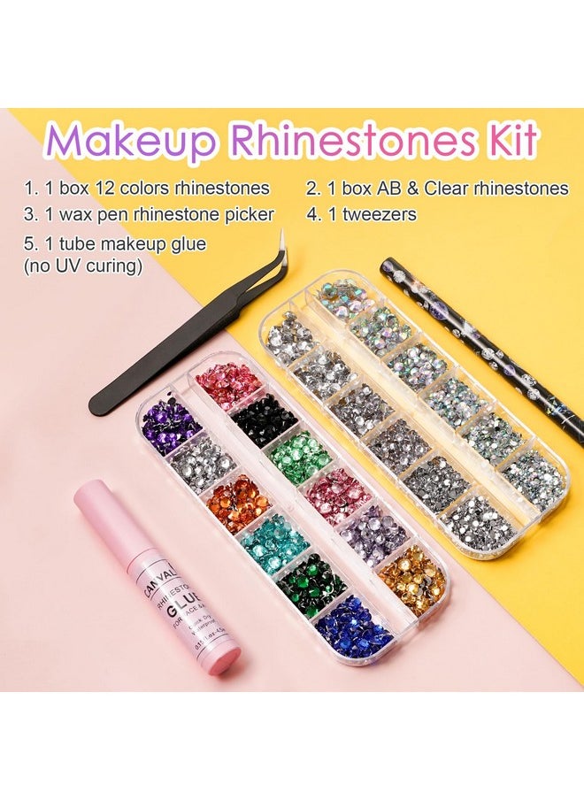 Canvalite Rhinestones for Face Colorful Face Gems Face Jewels AB & Clear Eye Hair Nail Gems Rhinestones with Quick Dry Makeup Glue, 1 Rhinestones Picker Wax Pen, 1 Tweezers for Nail Art Face Makeup