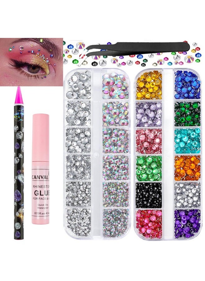 Canvalite Rhinestones for Face Colorful Face Gems Face Jewels AB & Clear Eye Hair Nail Gems Rhinestones with Quick Dry Makeup Glue, 1 Rhinestones Picker Wax Pen, 1 Tweezers for Nail Art Face Makeup