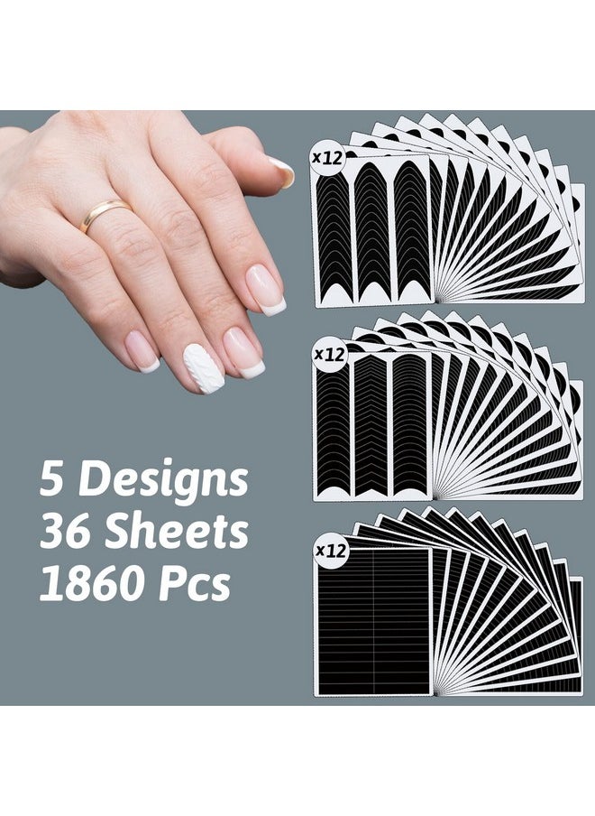 1860 Pcs French Tip Nail Guides, Self-Adhesive French V-Shaped Moon Shaped Manicure Strip Stickers for Edge Auxiliary Black DIY Decoration Stencil Tools(5 Designs, 36 Sheets)