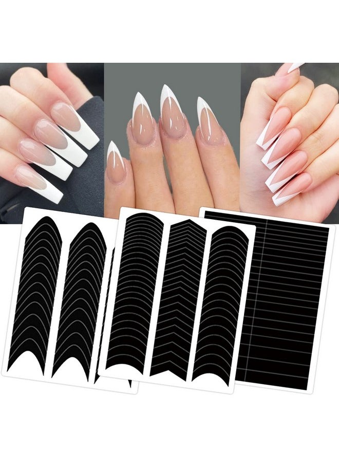 1860 Pcs French Tip Nail Guides, Self-Adhesive French V-Shaped Moon Shaped Manicure Strip Stickers for Edge Auxiliary Black DIY Decoration Stencil Tools(5 Designs, 36 Sheets)