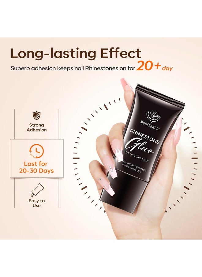 Modelones 4-in-1 Rhinestone Glue for Nails, Super Strong Nail Glue for Press on Nails，Nail Gems and Nail Charms, No Wipe Nail Art Glue for Nail Rhinestones, Nail Jewel Diamonds, 30 g Cured Need