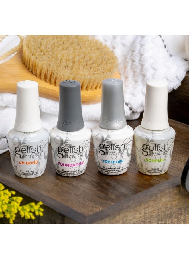 Gelish Essential Fantastic Four Kit - pH Bond Nail Prep, Foundation Base Gel, Top It Off Sealer Gel & Nourish Cuticle Oil - Professional Manicure Essentials for Long-Lasting, Chip-Free Shine.
