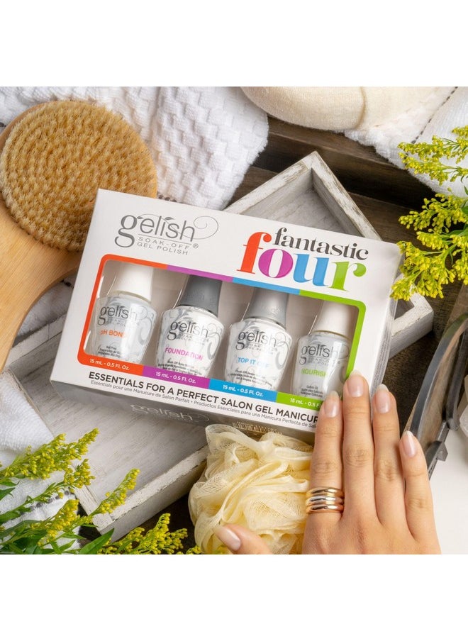 Gelish Essential Fantastic Four Kit - pH Bond Nail Prep, Foundation Base Gel, Top It Off Sealer Gel & Nourish Cuticle Oil - Professional Manicure Essentials for Long-Lasting, Chip-Free Shine.