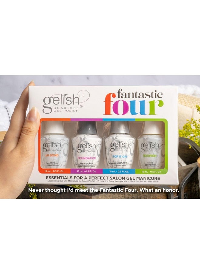 Gelish Essential Fantastic Four Kit - pH Bond Nail Prep, Foundation Base Gel, Top It Off Sealer Gel & Nourish Cuticle Oil - Professional Manicure Essentials for Long-Lasting, Chip-Free Shine.