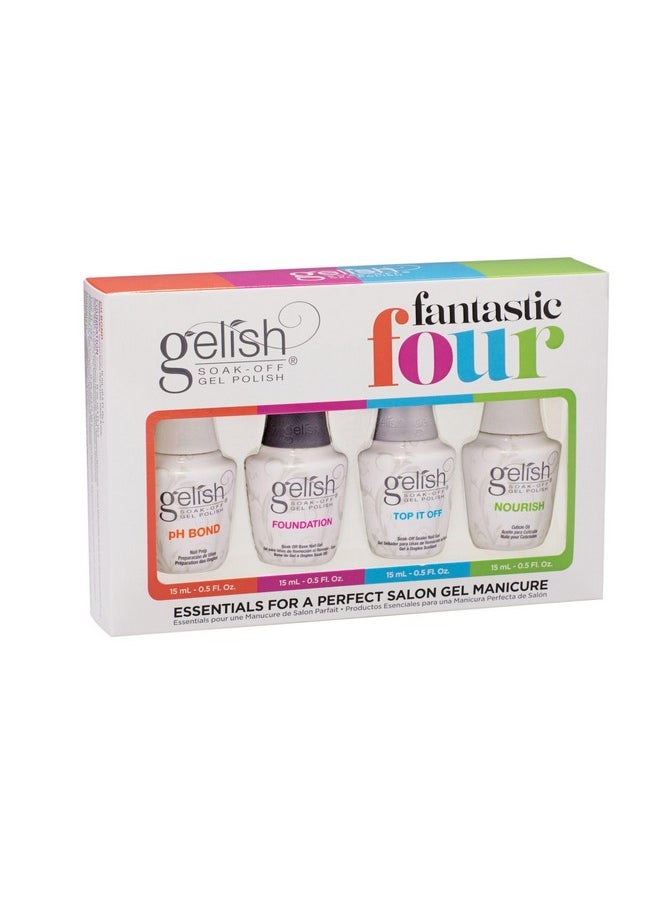 Gelish Essential Fantastic Four Kit - pH Bond Nail Prep, Foundation Base Gel, Top It Off Sealer Gel & Nourish Cuticle Oil - Professional Manicure Essentials for Long-Lasting, Chip-Free Shine.
